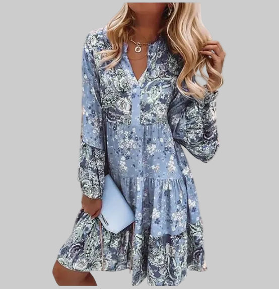 Stylisches Langarm Boho Midikleid in Rosa-Grün floralem Muster für Damen. Mit V-Ausschnitt.