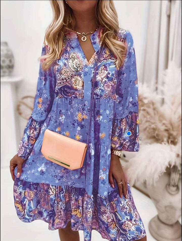 Vielseitiges Damen Herbst-/Sommerkleid: Geblümtes Midi mit V-Ausschnitt & Langarm. Fließender Bohemian-Stil.