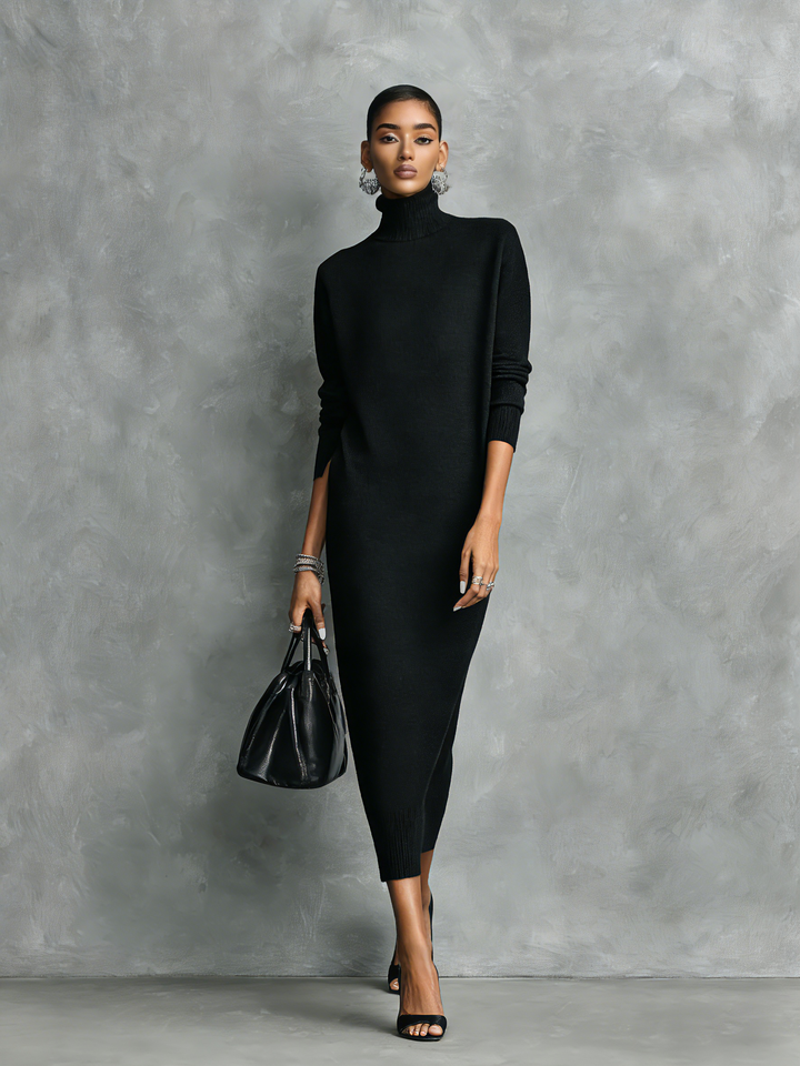 Hochwertiges Damen Herbstkleid, Midilänge. Festliches Design mit Rollkragen, ideal für elegante Anlässe.