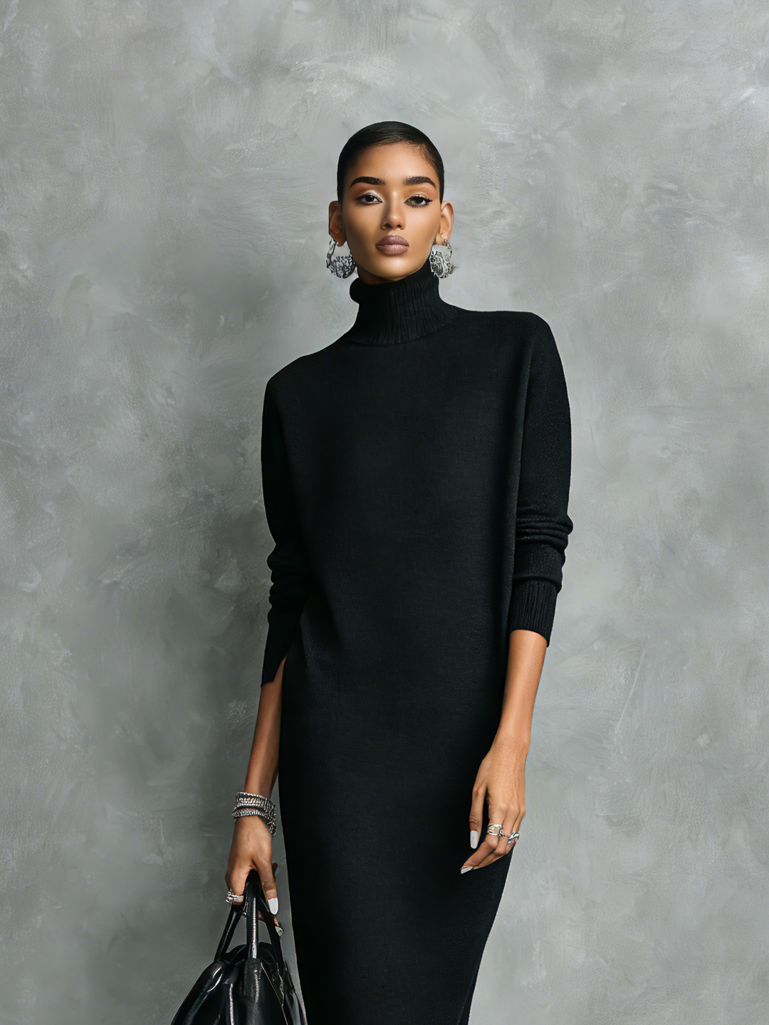 Zeitloses Damen Festkleid in Midilänge. Bequemes Herbstkleid mit elegantem Rollkragen für klassische Looks.