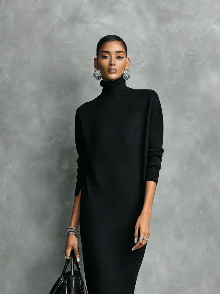 Zeitloses Damen Festkleid in Midilänge. Bequemes Herbstkleid mit elegantem Rollkragen für klassische Looks.