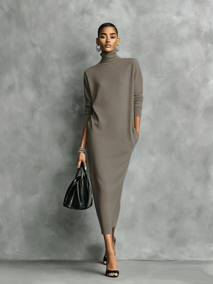 Vielseitiges Damen Festkleid mit Rollkragen. Edles Midi-Herbstkleid für elegante Frauen. Klassische Herbstmode.