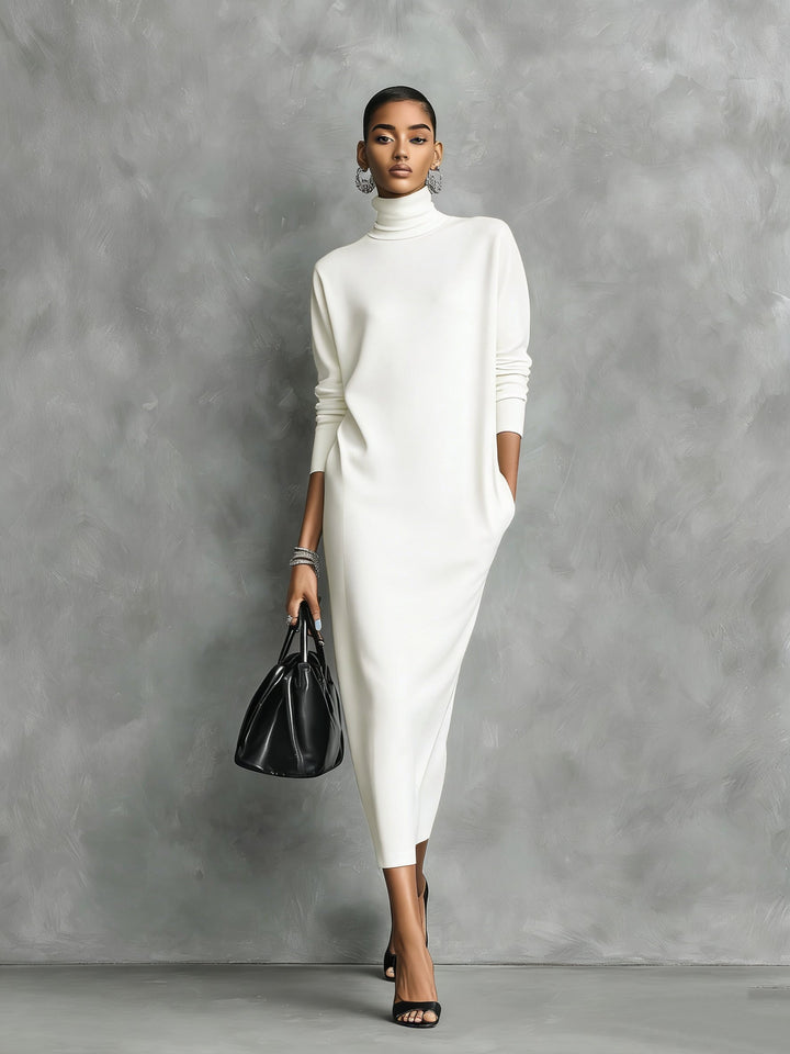 Modisches Damen Midi-Kleid für den Herbst. Festliches Rollkragenkleid, bequem und elegant für stilvolle Tage.