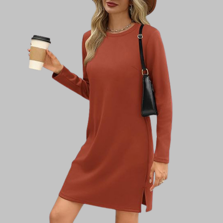 Herbstliches Damen Minikleid, festlich, langarm. Perfektes Outfit für Hochzeitsgäste und besondere Anlässe.