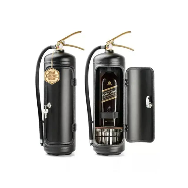 Einzigartiger Flaschenhalter in Feuerlöscher-Optik als originelle Dekoration und Geschenkidee für Männer.