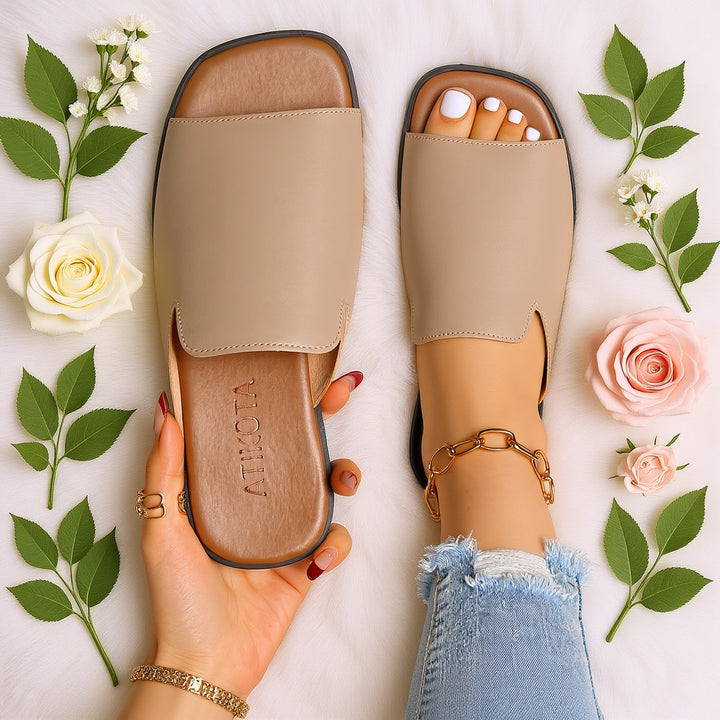 Damen Slip-On Sandalen mit eckiger Spitze. Modische, bequeme Sommerschuhe für Frühling & Sommer.