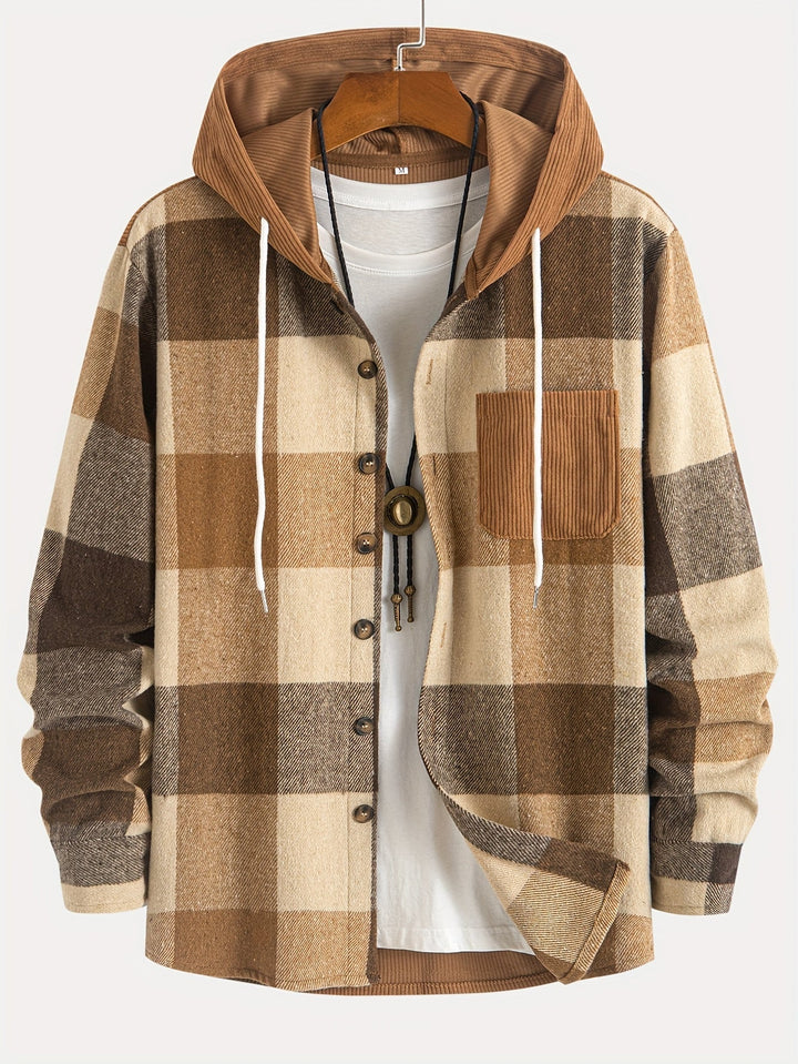 Herren karierte Hemdjacke mit Kapuze, Freizeit-Überhemd für Männer, Herbstmode.