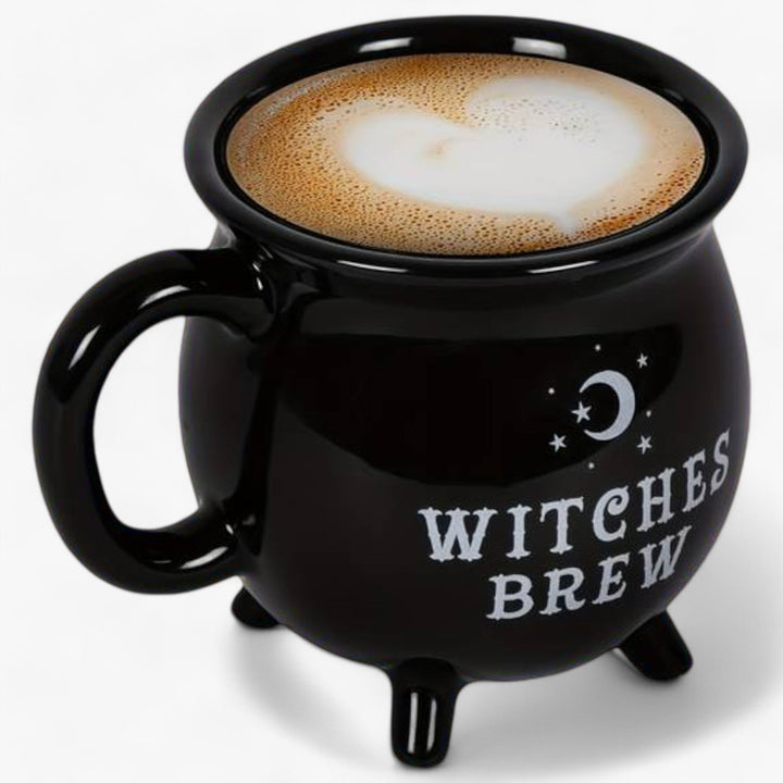 Gruselige Hexenkessel Keramiktasse für Halloween. Perfekt als Kaffeebecher oder Teetasse, schwarz-weiß Design.