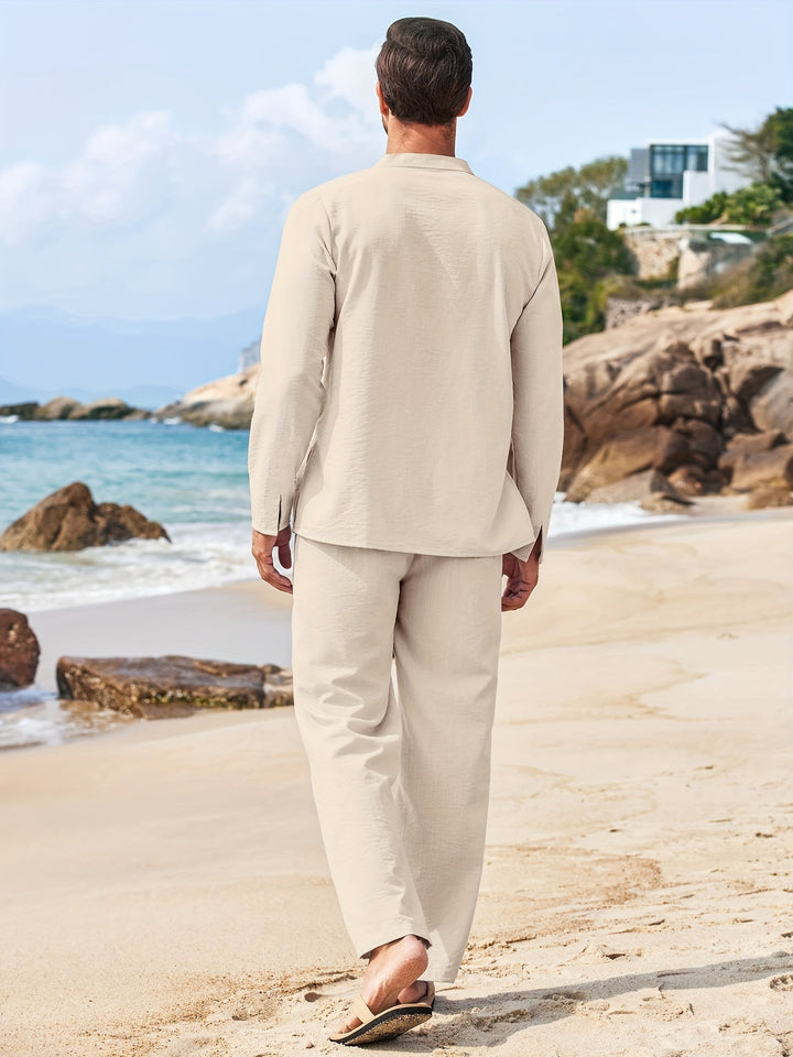 Vielseitiges Herren Leinen Zweiteiler Set Milo: Casual und elegant, perfekt für Sommer, Freizeit und Urlaub.