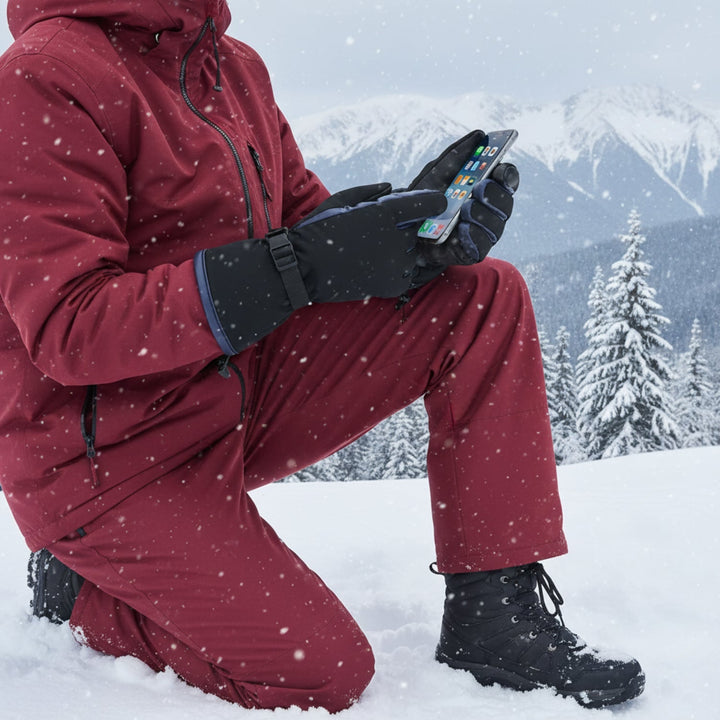 Nahaufnahme warmer Winterhandschuhe, elektrisch beheizbar, USB-aufladbar, für effektiven Kälteschutz.