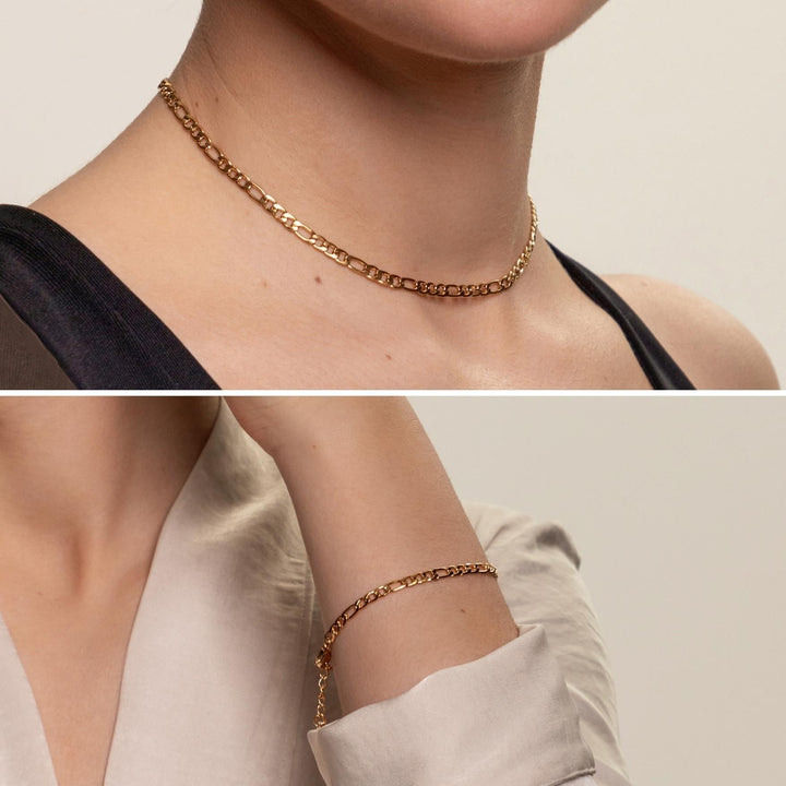 Elegantes goldenes Figaro-Ketten- und Armband-Set aus wasserdichtem Edelstahl für Damen, hypoallergen.