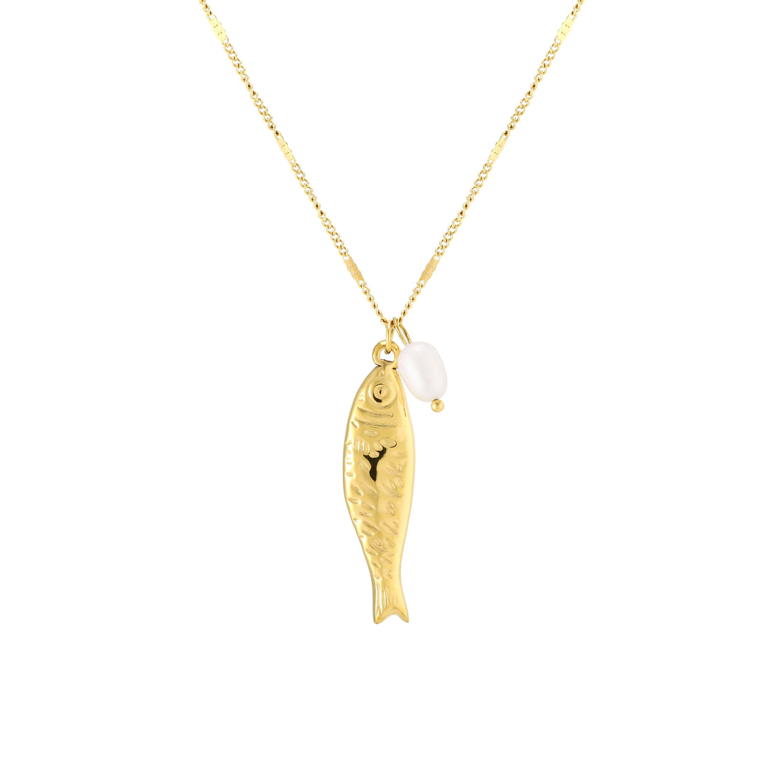 Elegante Damenhalskette Edelstahl, vergoldet, mit detailreichem Fisch-Anhänger & echter Süßwasserperle.