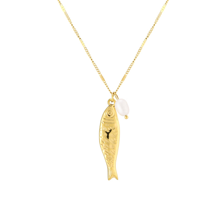 Elegante Damenhalskette Edelstahl, vergoldet, mit detailreichem Fisch-Anhänger & echter Süßwasserperle.