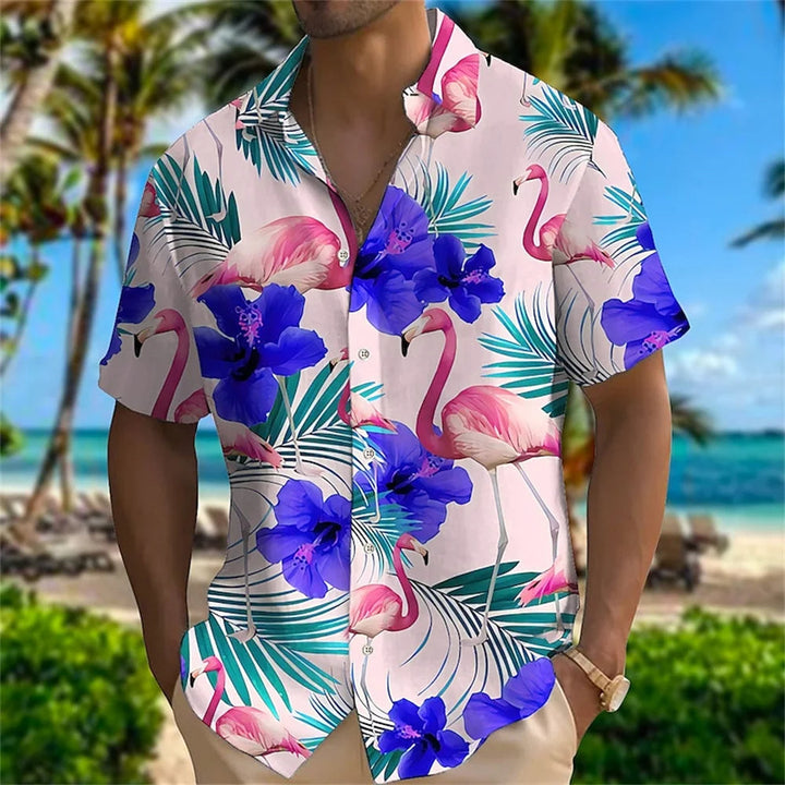 Farbenfrohes Herren Hawaiihemd Übergröße mit exotischem Kranich Print. Trendige Strandkleidung für Herren.