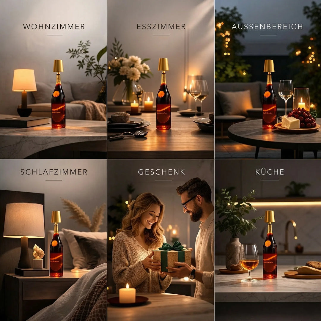 Moderne Flaschenlampe, wiederaufladbar, perfekt für Innen- und Außenbeleuchtung.