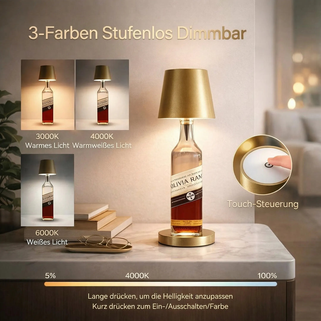 Kabellose LED Tischlampe im Flaschen-Design; ideal als Stimmungslicht für Dekoration.