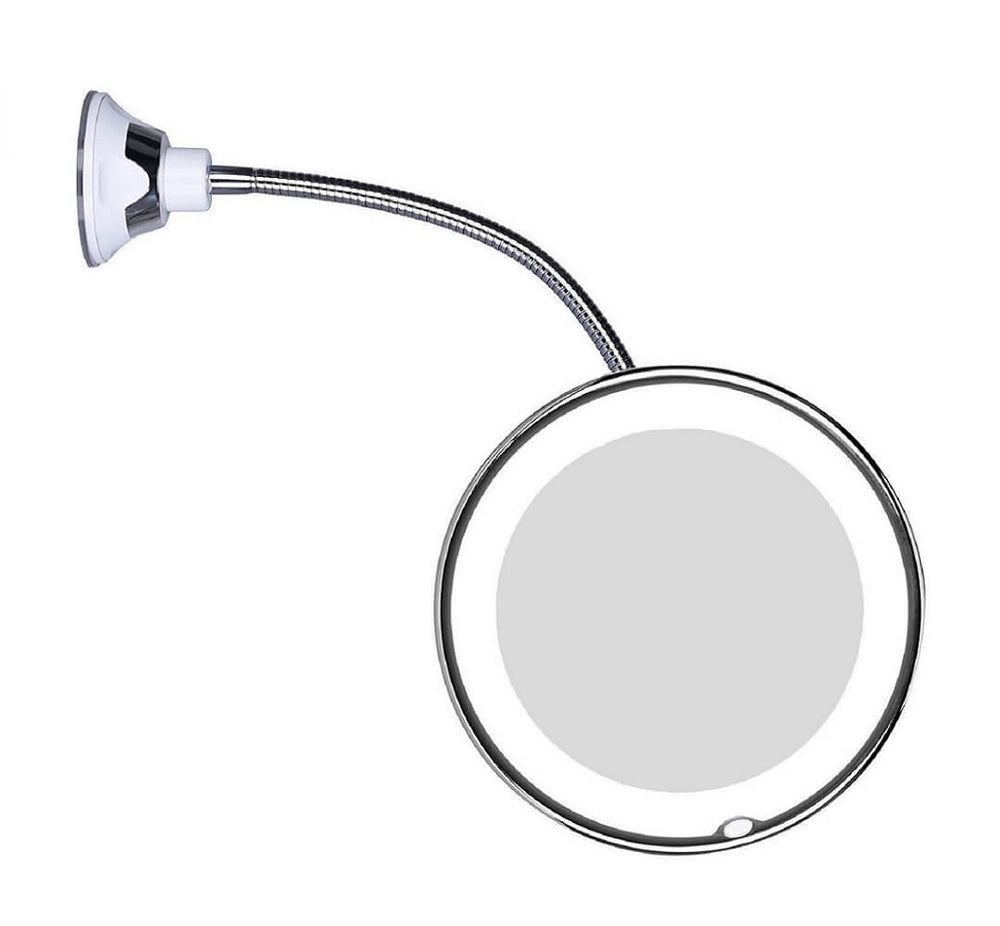 Praktischer LED Schminkspiegel mit starker 10X Vergrößerung und Saugnapf. Ideal für detaillierte Gesichtspflege.