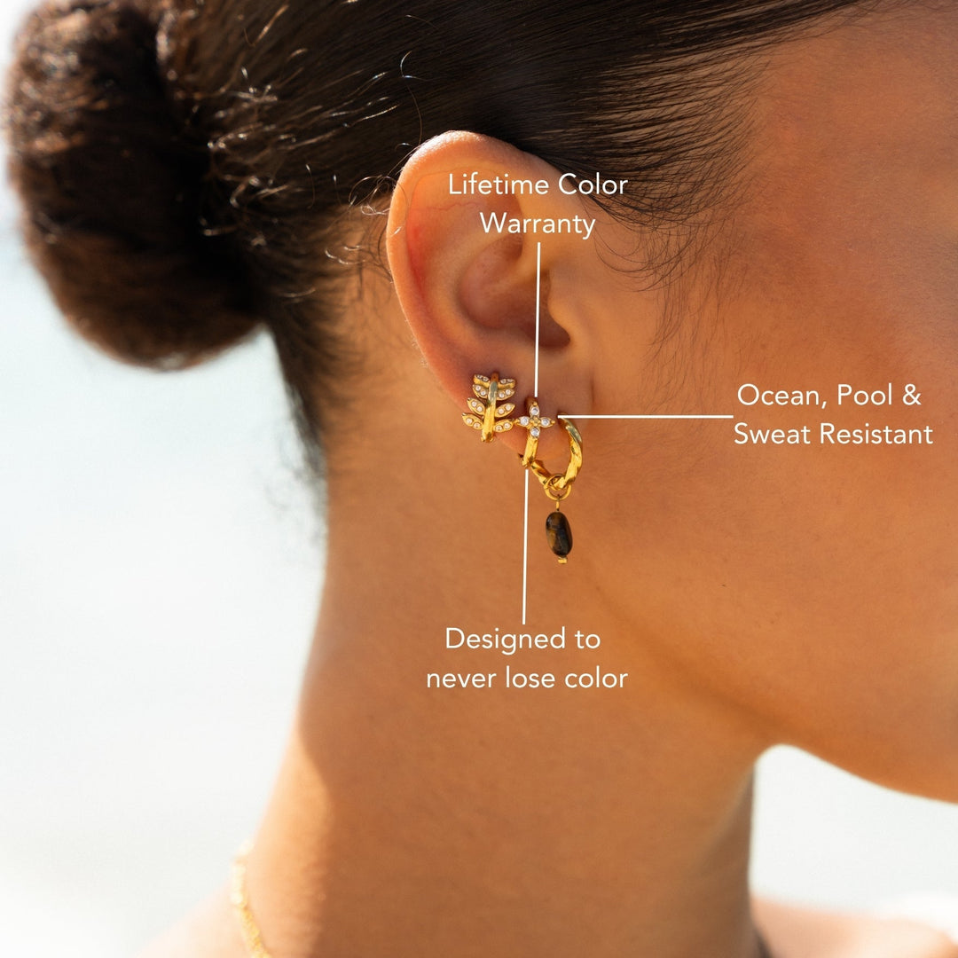 Zarte Gold Creolen mit Blumen-Anhänger und Zirkon, ideal als Geschenk. Hypoallergene & wasserfeste Damenohrringe.