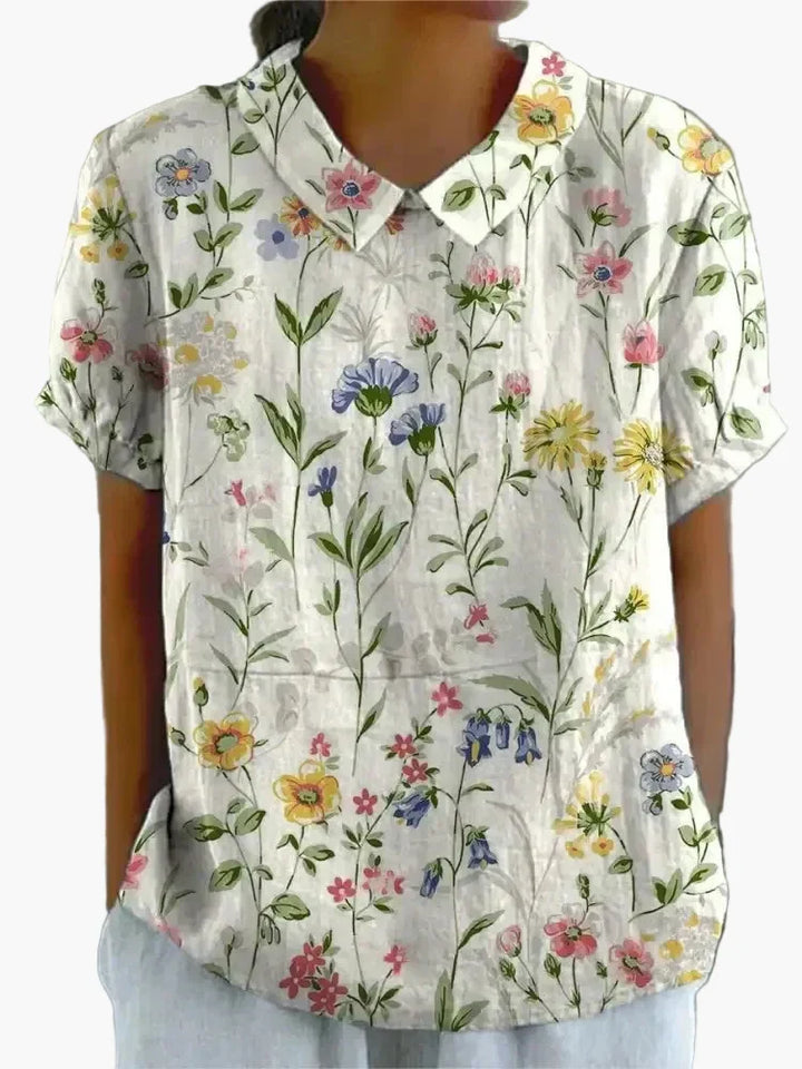 Elegante Damen Retro-Bluse mit Blumenmuster, Kragen & kurzen Ärmeln; perfekt für Sommer & Freizeitlooks.