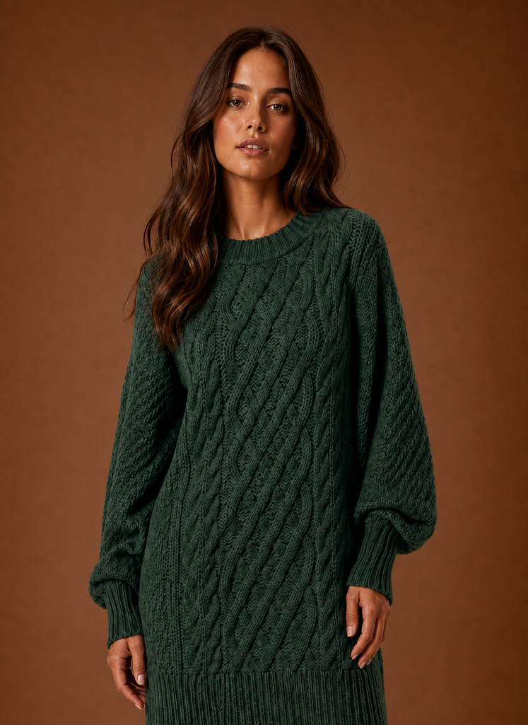 Damen Strickkleid Oversized mit Zopfmuster, gemütlich für Herbst & Wintermode.