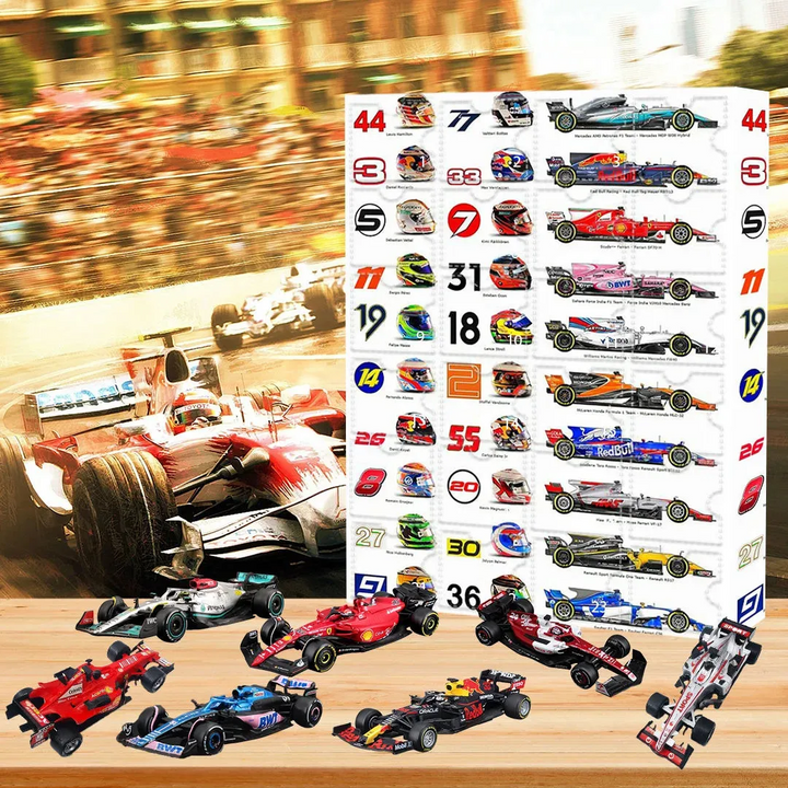 Formel-1-Adventskalender für Rennsportfans mit 24 spannenden Überraschungen, idealem Geschenk für Motorsport-Liebhaber.