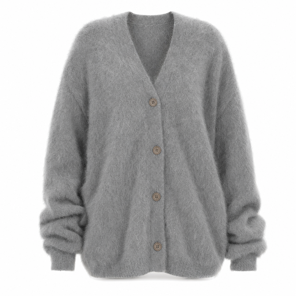 Damen Oversize Strickjacke Franka mit V-Ausschnitt, langarm, perfekt für gemütliche Herbst- und Wintermode.