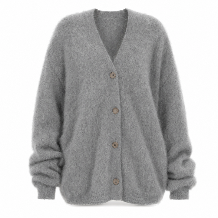 Damen Oversize Strickjacke Franka mit V-Ausschnitt, langarm, perfekt für gemütliche Herbst- und Wintermode.