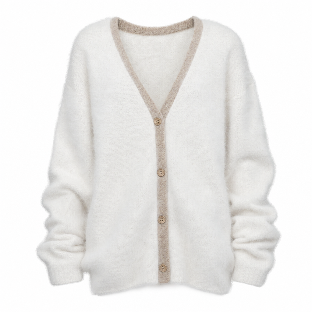 Gemütlicher Damen Cardigan Franka mit V-Ausschnitt und Oversize-Passform für entspannte Wintertage.