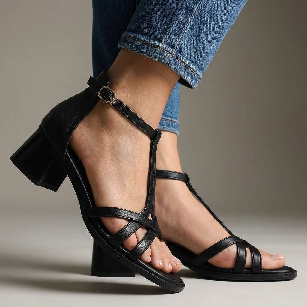 Stilvolle T-Riemen-Sandalen für Damen mit Blockabsatz, in Schwarz. Eleganter Sommerschuh, bequem für lange Tage.