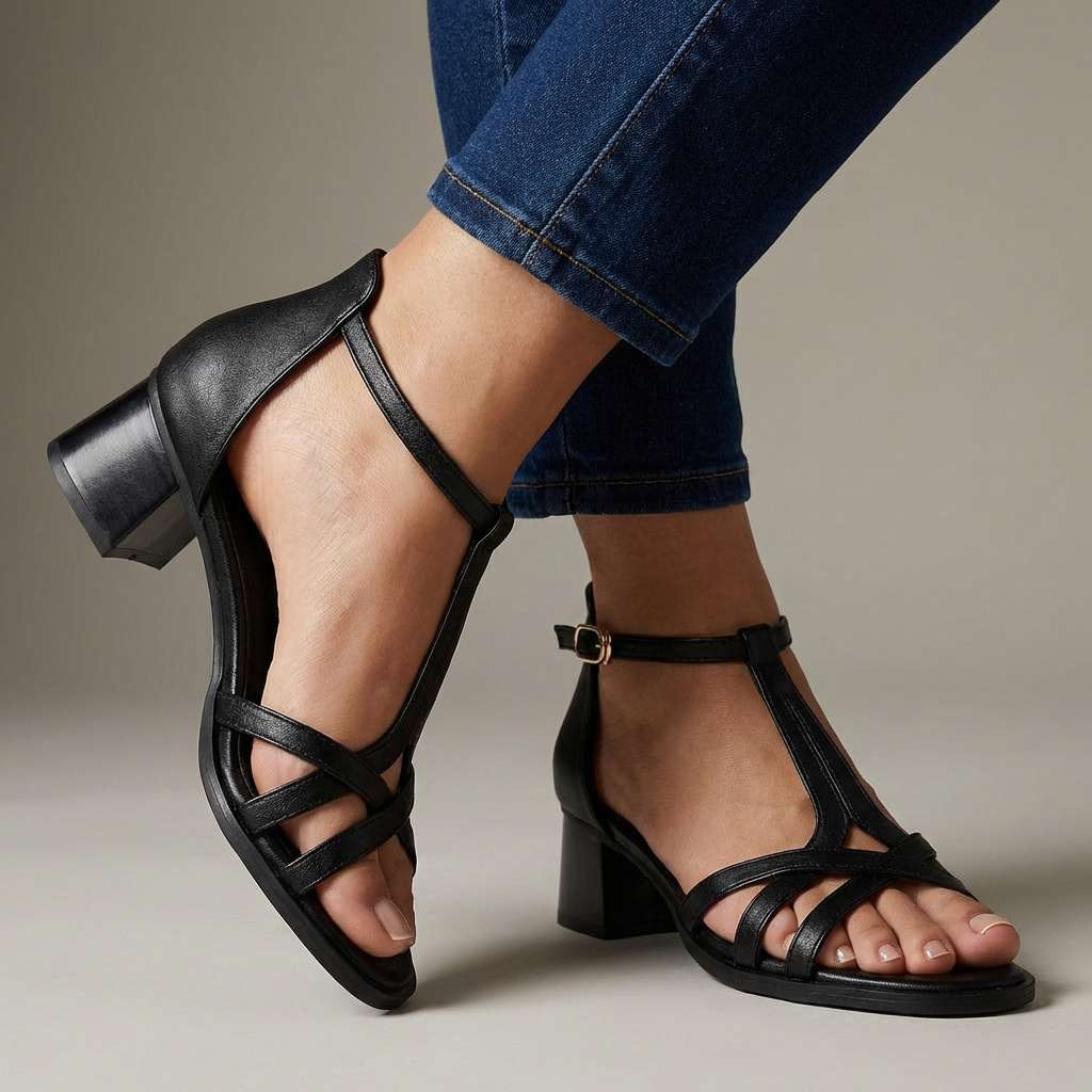 Elegante Damen T-Riemen-Sandalen mit bequemem Blockabsatz, ideal für Sommer und Alltag, in Schwarz. Stützend & stilvoll.