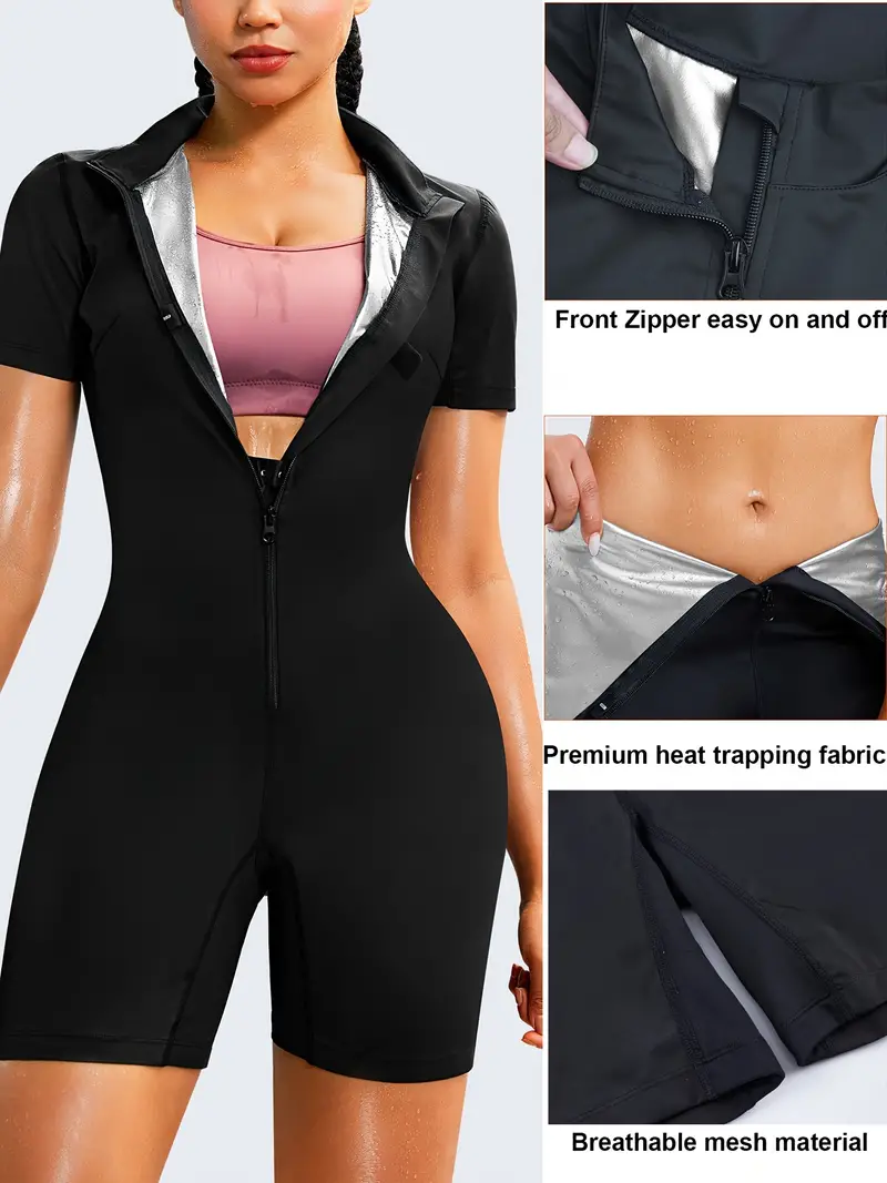 Schwarzer Damen Saunaanzug mit Reißverschluss, Ganzkörper Kompression für Workout & Entgiftung.