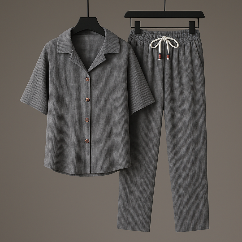 Detailansicht des bequemen Herren Sommer Sets mit strukturiertem Hemd & Kordelhose für Strand oder Freizeit.