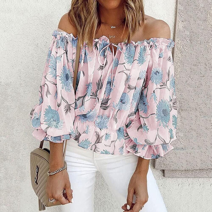 Feminine geblümte Chiffon Carmen-Bluse für Damen, mit Rüschenärmeln, perfekt für den Sommer.