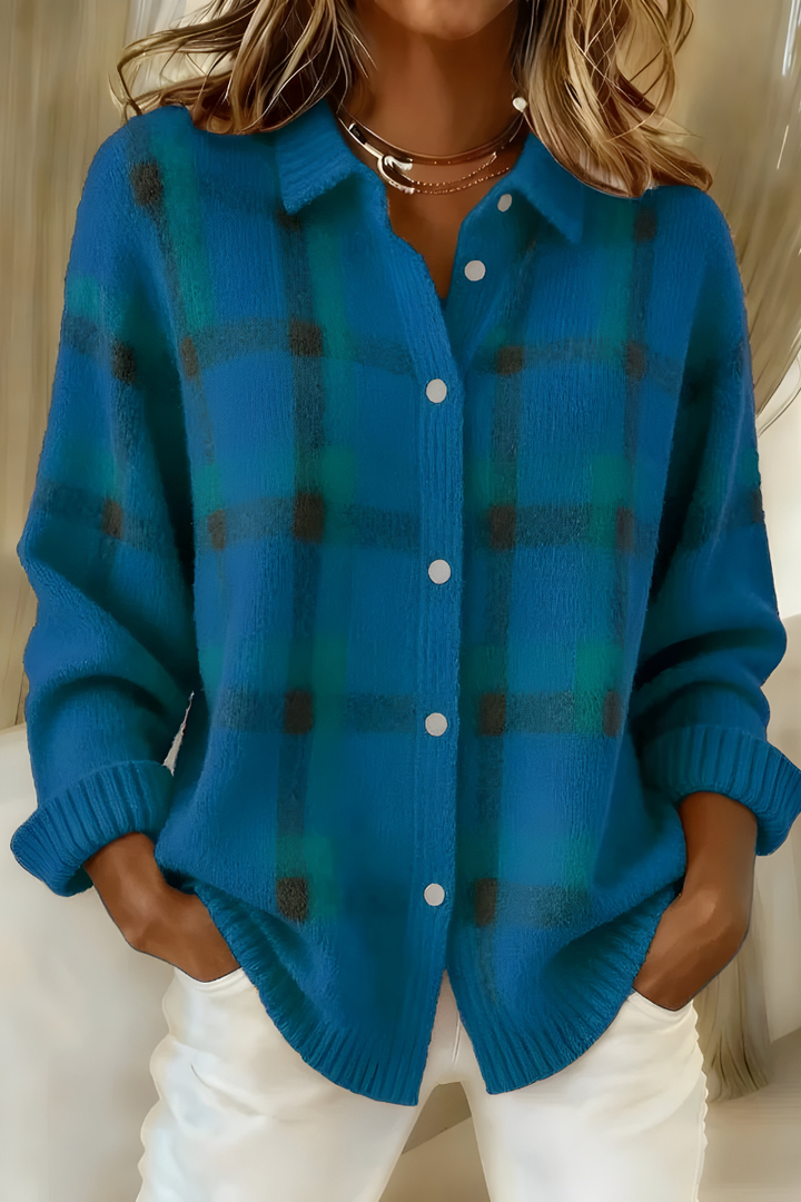 Offener Damen Karopullover Cardigan, locker sitzende Strickjacke für entspannte Freizeit-Looks.