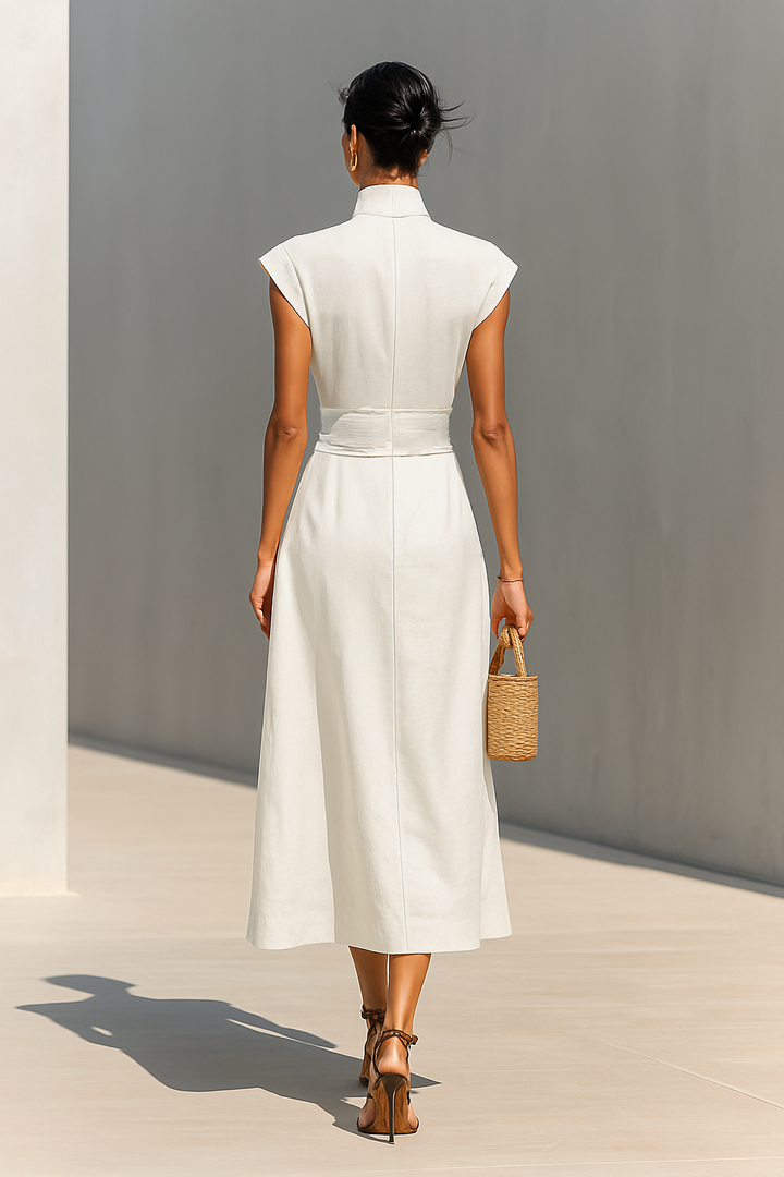 Beiges Damen Maxikleid mit Reverskragen & leichtem Stoff. Ideales elegantes Sommerkleid für stilvolle Freizeit-Looks.