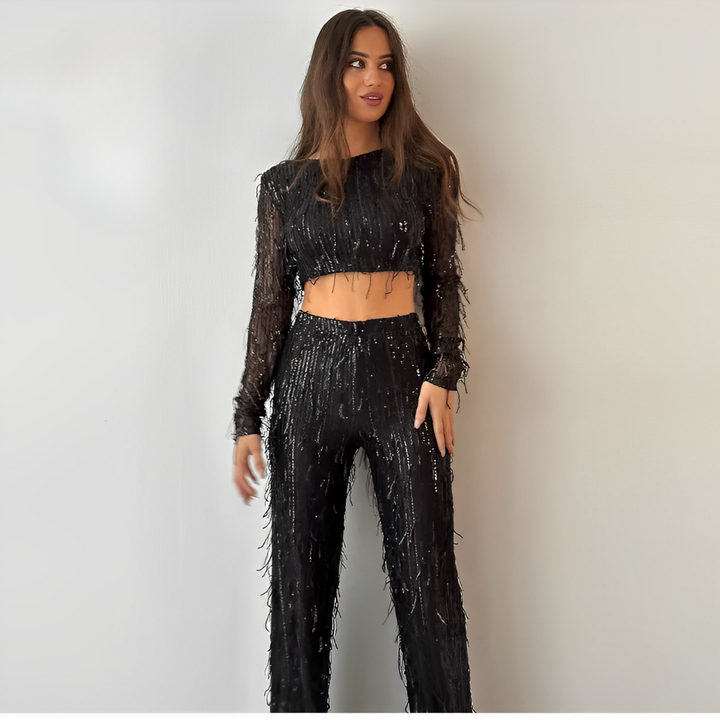 Modischer Pailletten-Zweiteiler für Damen, glamouröses Party-Set mit Crop-Top, Eleganz pur.