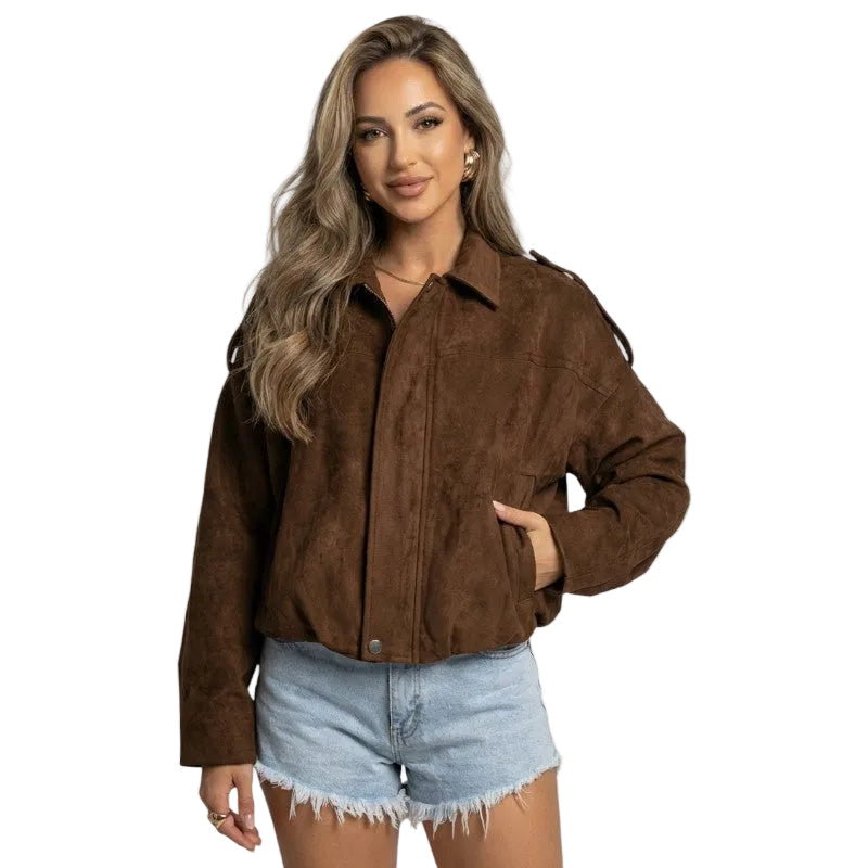 Klassische Damen Bomberjacke in elegantem Stil mit Reißverschluss, perfekt als modische Übergangsjacke für Frühling & Herbst.