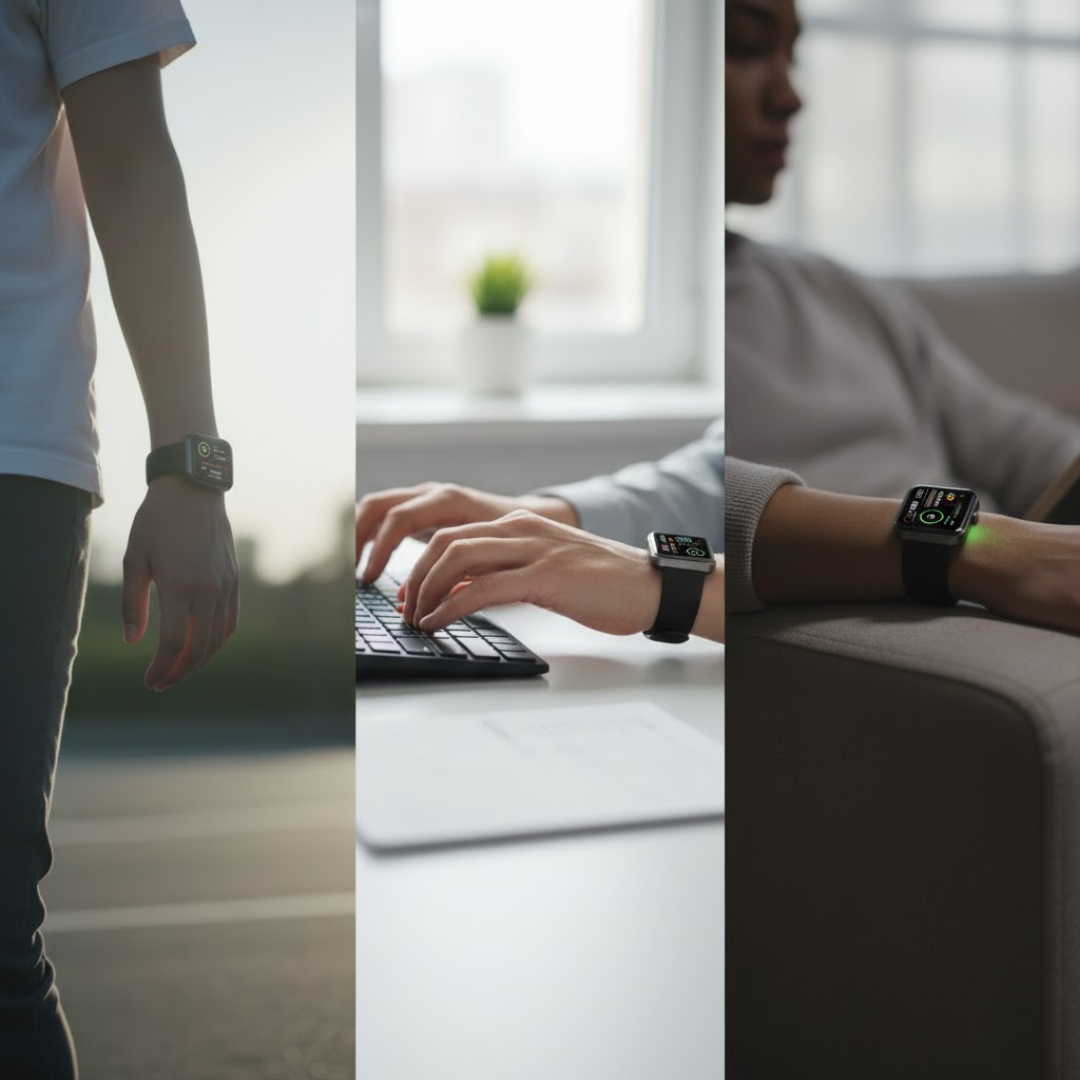 Die schwarze Unisex Smartwatch am Arm, bereit zur Überwachung von Fitness, Herzfrequenz und Schlaf.