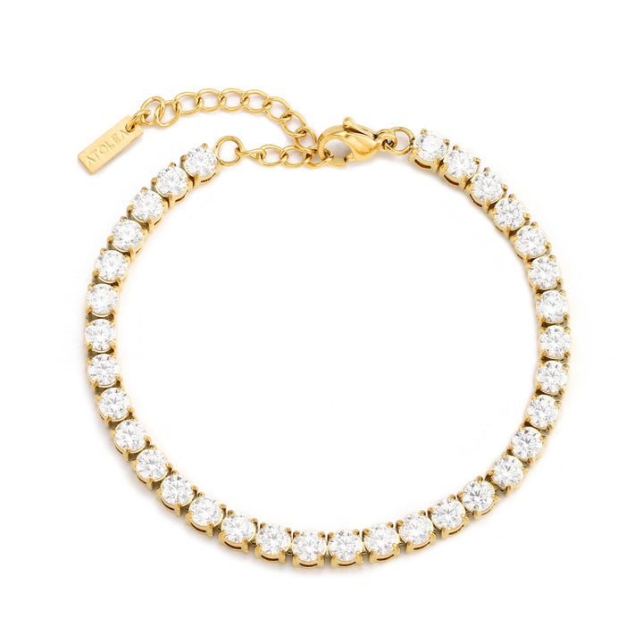 Hochwertiges, wasserfestes Goldarmband für Damen. Verstellbares Tennisarmband mit glänzenden Zirkonsteinen.