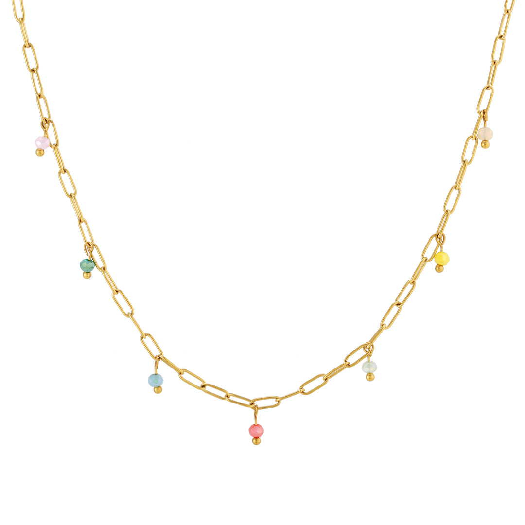 Goldfarbene Damen Choker Kette aus wasserdichtem Edelstahl mit funkelnden bunten Anhängern. Perfektes Accessoire.