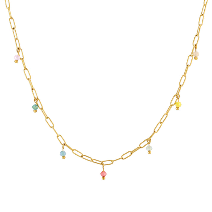 Goldfarbene Damen Choker Kette aus wasserdichtem Edelstahl mit funkelnden bunten Anhängern. Perfektes Accessoire.