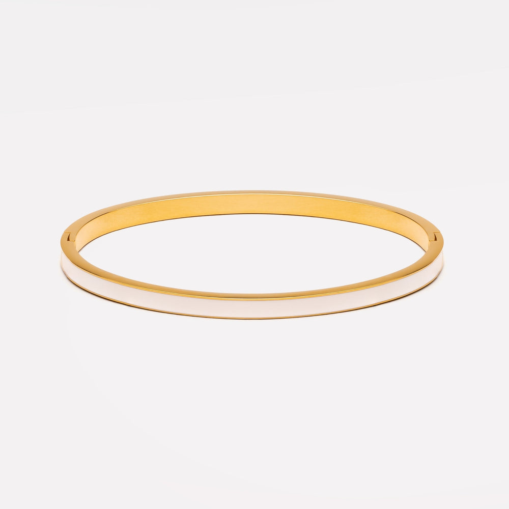 Eleganter Gold-Weiß Emaille Armreif für Damen. Zeitloser, minimalistischer Edelstahl-Schmuck, wasserfest.