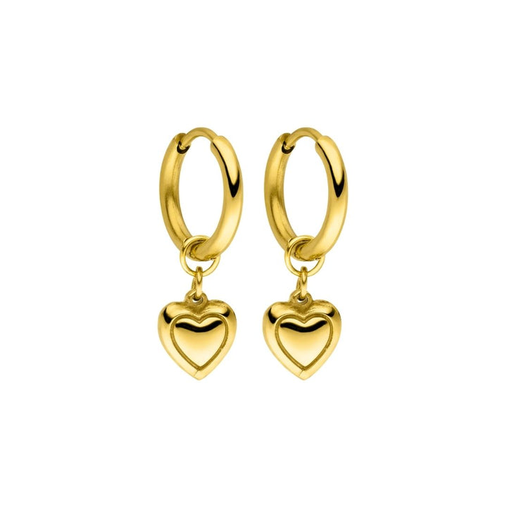 Goldfarbene Damen Herz Creolen aus Edelstahl, wasserfest & hypoallergen. Idealer Goldschmuck für Frauen.