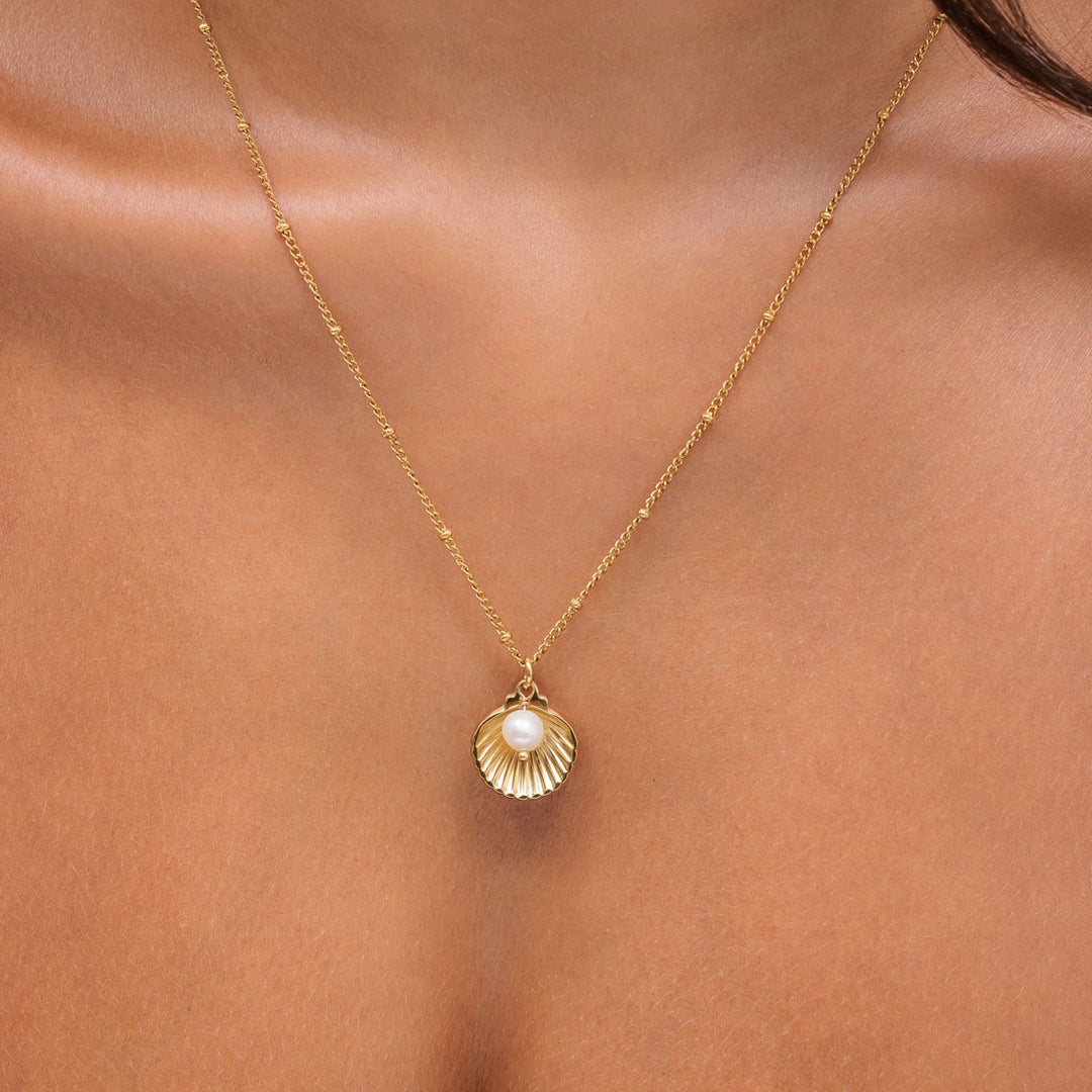 Wasserdichte Damen Muschelkette Gold/Silber mit Süßwasserperle. PVD-beschichteter Edelschmuck.