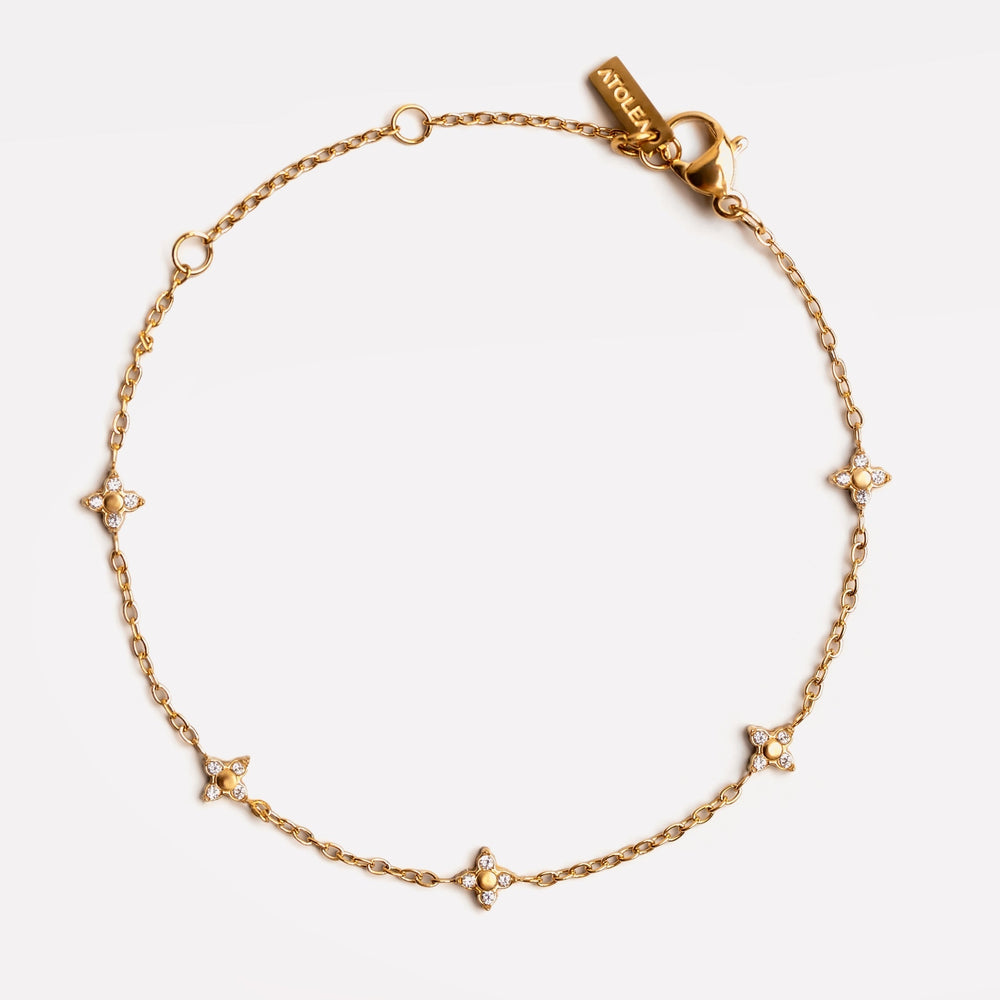 Filigranes Damen Armband Kleeblatt aus robustem, hypoallergenem Edelstahl, gold/silber mit Zirkon. Minimalistisch.
