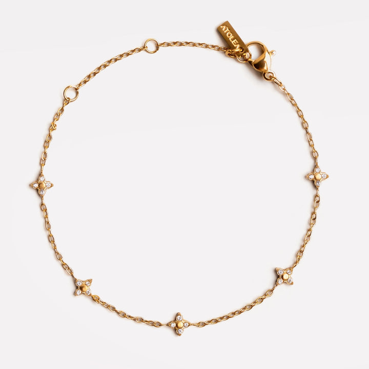 Filigranes Damen Armband Kleeblatt aus robustem, hypoallergenem Edelstahl, gold/silber mit Zirkon. Minimalistisch.