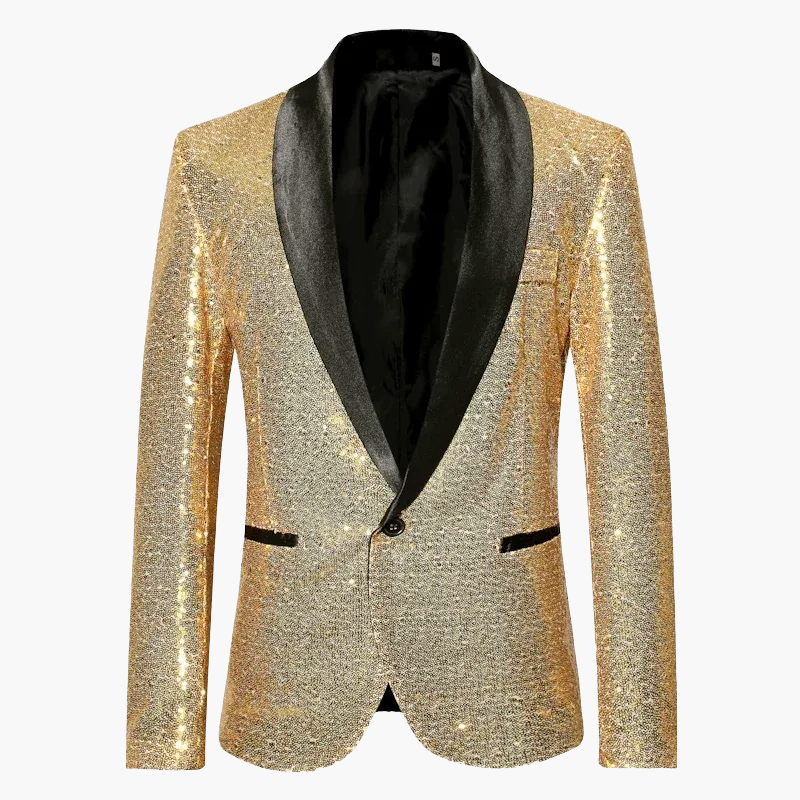 Eleganter schwarzer Herrenblazer mit Pailletten, auffälliger Glamour-Look für Abendmode.