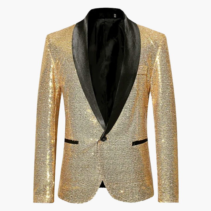 Eleganter schwarzer Herrenblazer mit Pailletten, auffälliger Glamour-Look für Abendmode.