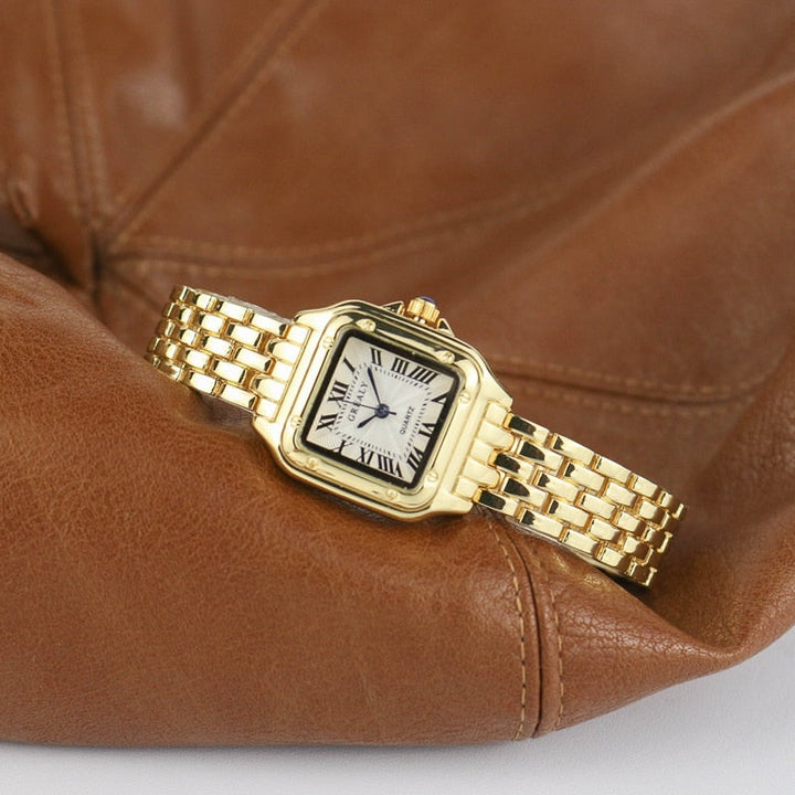 Elegante quadratische Damenuhr, stilvolle Armbanduhr für Frauen mit Quarzwerk, zeitloses Mode-Accessoire.