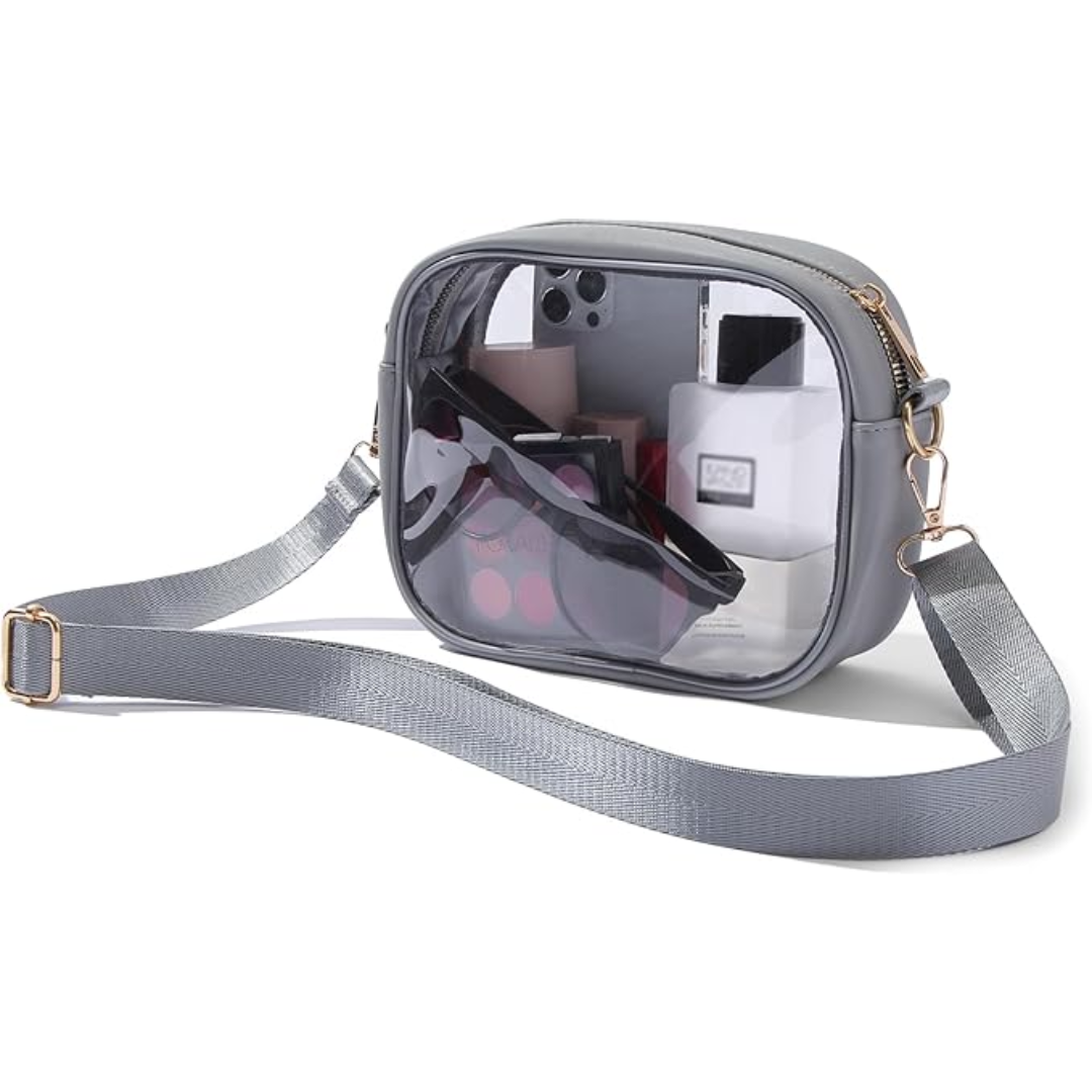 Praktische transparente Schultertasche für Konzerte. Hält Wertsachen sicher und schnell zugänglich.